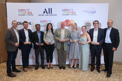 The 2023 Golden Loyalty Awards winners (from left to right) are: Master of Ceremony, David Andreadakis, CGO, BLUEWATER, Frederick Lehmkuhk, Programme Strategy & Design Manager, ETIHAD AIRWAYS, Kalpak Shah, Chief Technology Officer, LOYALTY JUGGERNAUT, Panagiota Makridou, Loyalty Marketing Senior Executive, AEGEAN AIRLINES, Randy Petersen, Founder, Flyer Talk/BoardingArea/InsideFlyer, Jelena Kezika, Senior Director Strategy, GLOBAL HOTEL ALLIANCE, Sarah Udy, Executive Manager - Member & Program, QANTAS, Christophe Etchegaray, SVP Global Partnerships, ACCOR, Ravindra Bhagwanani, Managing Director, GLOBAL FLIGHT.