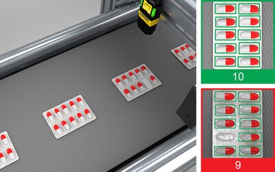 In-Sight SnAPP计数工具可验证泡罩包装中药片的正确数量，甚至可透过反光表面进行计数。