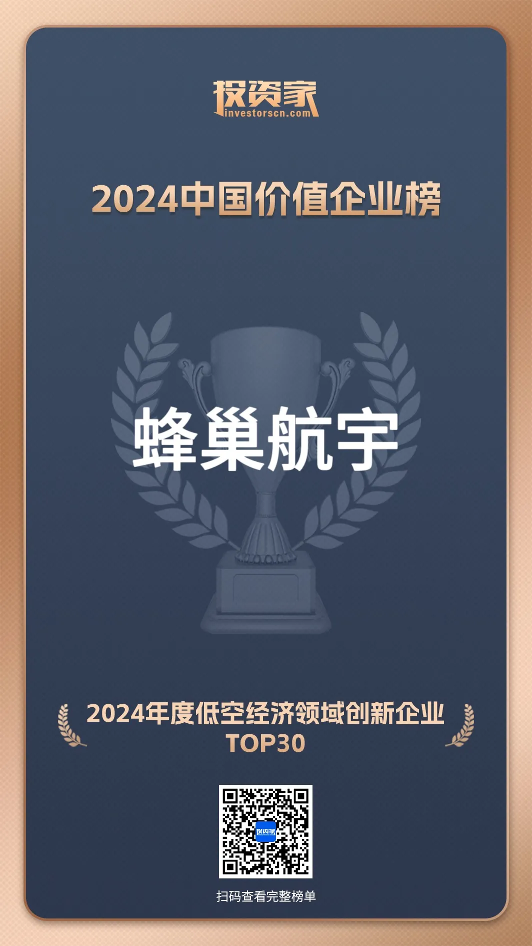 蜂巢航宇荣膺投资家网“2024低空经济领域创新企业TOP30”